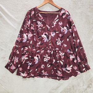 Lane Bryant Burgundy Floral Sheer Long Bishop Sleeve Chiffon Blouse Size 22